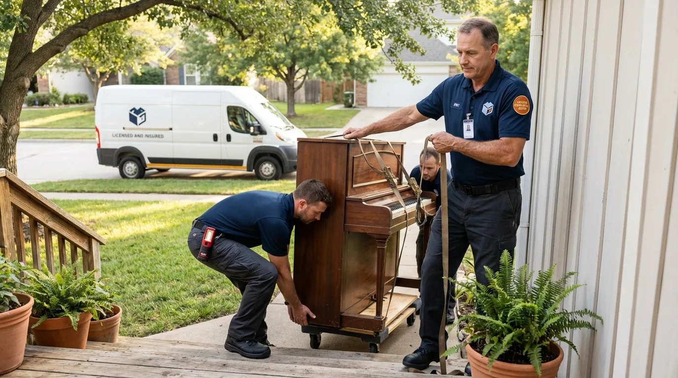 Licensed piano movers securing grand piano in Burton, MI