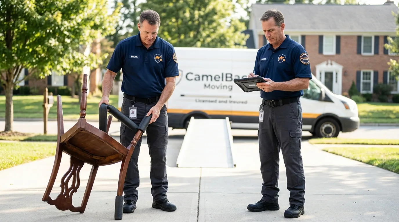 Movers inspecting furniture for damage prevention before loading in Burton, MI