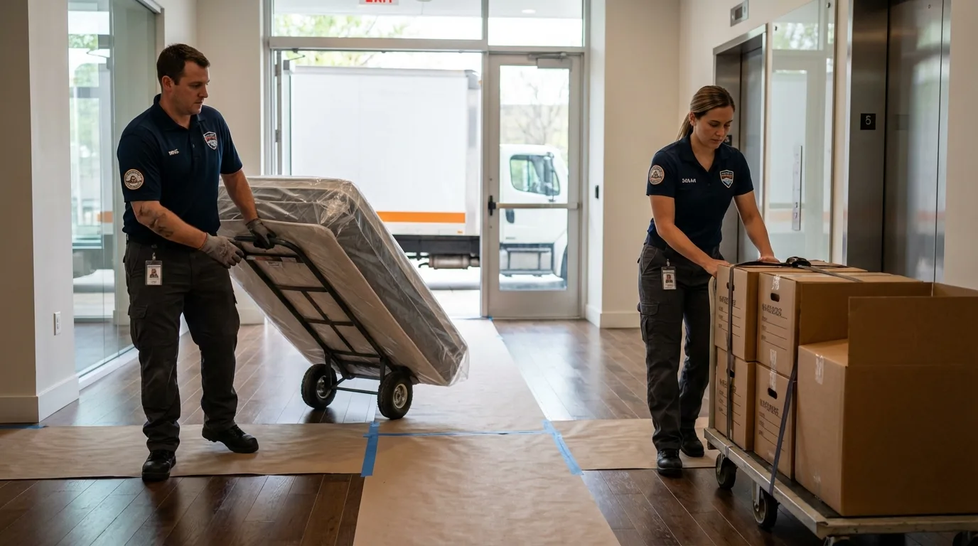 Professional apartment movers loading elevator in Burton, MI