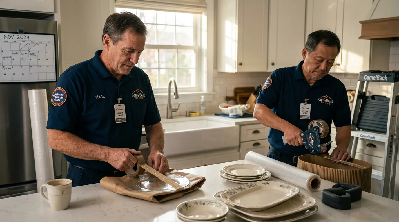 Professional crew packing kitchen dishware in Burton, MI